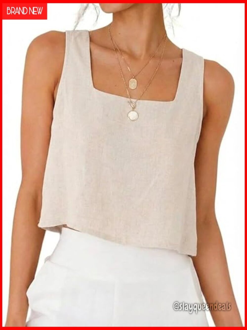 Linen Blend Cropped Tank Top Square Neck Sleeveless Casual Summer